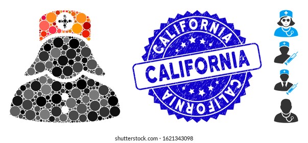 Collage nurse icon and grunge stamp seal with California phrase. Mosaic vector is created with nurse icon and with random round elements. California stamp seal uses blue color, and grunge surface.