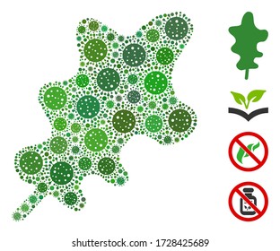 Collage oak leaf composed of covid-2019 virus icons in variable sizes and color hues. Vector viral items are composed into abstract collage oak leaf icon. Some bonus icons are added.