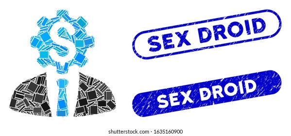 Collage office dollar gear worker and rubber stamp seals with Sex Droid caption. Mosaic vector office dollar gear worker is formed with random rectangle items. Sex Droid stamp seals use blue color,