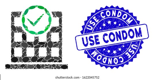 Collage office use only icon and distressed stamp seal with Use Condom text. Mosaic vector is designed with office use only icon and with random oval items. Use Condom stamp uses blue color,