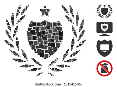 Collage Official insurance shield icon united from square elements in different sizes and color hues. Vector square elements are arranged into abstract collage official insurance shield icon.