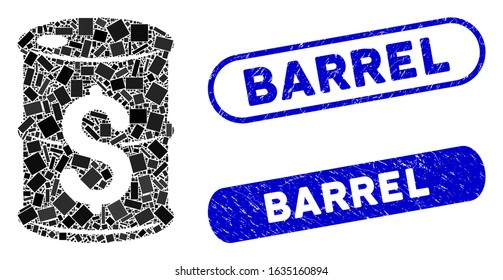 Collage oil barrel price and distressed stamp watermarks with Barrel phrase. Mosaic vector oil barrel price is formed with random rectangle items. Barrel stamp seals use blue color,
