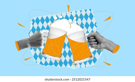 Colagem para decoração Oktoberfest. Colagem vetorial com elementos de meio-tom de recorte para o Oktoberfest. Mãos de meio-tom clink canecas de cerveja juntos no fundo de papel rasgado com losango branco e azul.