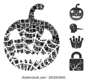 Collage Old halloween pumpkin icon constructed from square elements in various sizes and color hues. Vector square elements are combined into abstract collage old halloween pumpkin icon.