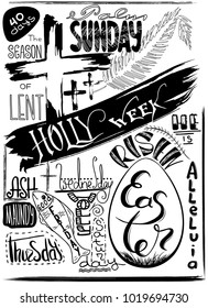 Collage on the biblical events of the last days of Jesus Christ. Handwritten christian religious text Palm Sunday, Holly week, Maundy Thuesday,  Good Friday, ASH Wednesday, Easter . Vector design