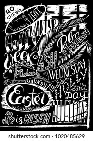 Collage on the biblical events of the last days of Jesus Christ. Handwritten christian religious text Palm Sunday, Holly week, Maundy Thuesday,  Good Friday, ASH Wednesday, Easter . Vector design