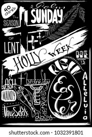 Collage on the biblical events of the last days of Jesus Christ. Handwritten christian religious text Palm Sunday, Holly week, Maundy Thuesday,  Good Friday, ASH Wednesday, Easter . Vector design