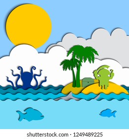 Collage on cutting paper on the theme of the sea. In the sea swim Kraken, shark and piranhas. Pirate on an island with palm trees.