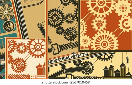 Collage on industrial theme with various technical elements and mechanical devices. Vector illustration