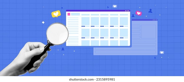 A collage on the subject of seo. Contemporary composition with a hand holding a magnifying glass and searching the website. Attracting new users and likes. Vector background design with landing pages