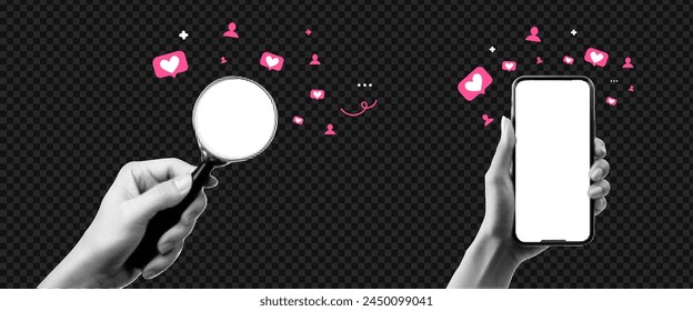 A collage on the subject of seo. Contemporary composition with a hand holding a magnifying glass. Attracting new users. Vector yellow background.