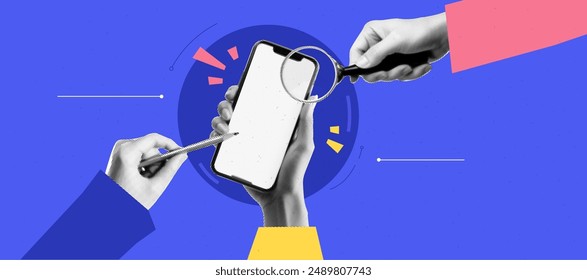 A collage on the theme of Application Design Development. Hands with phone and pencil and magnifying glass. Bright trendy vector banner in popart style. Vector emphasis art