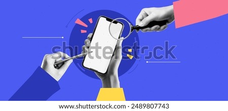 A collage on the theme of Application Design Development. Hands with phone and pencil and magnifying glass. Bright trendy vector banner in popart style. Vector emphasis art