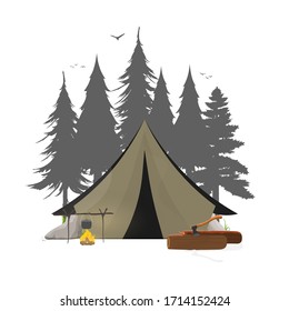 Collage on the theme of camping in the forest. Tent, forest, camping, logs, ax, bonfire. Good for logo, cards, t-shirts and banners. Isolated. Vector.