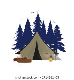 Collage on the theme of camping in the forest. Tent, forest, camping, logs, ax, bonfire. Good for logo, cards, t-shirts and banners. Isolated. Vector.
