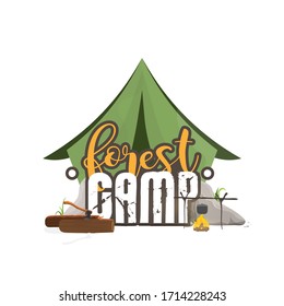 Collage on the theme of camping in the forest. Tent, camping, logs, ax, bonfire. Good for logo, cards, t-shirts and banners. Isolated. Vector.