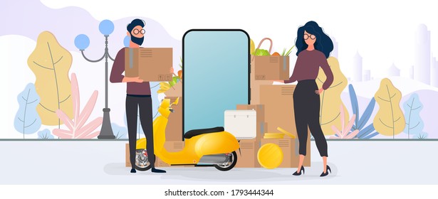 Collage on the theme of delivery. The girl and the guy are holding boxes. Yellow scooter with food shelf, telephone, gold coins, cardboard boxes, paper grocery bag.