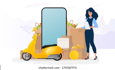 Collage on the theme of delivery. The girl is holding a list and a box. Yellow scooter with food shelf, telephone, gold coins, cardboard boxes, paper grocery bag.
