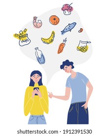 Collage on the theme of delivery. A girl and a guy order food through her cellphone together. A variety of food. Choice of foodOnline order concept. Isolated flat vector illustration.