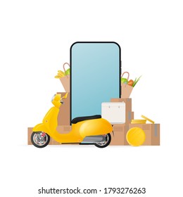 Collage on the theme of delivery. Yellow scooter with food rack, telephone, gold coins, cardboard boxes, paper bag with groceries. The concept of online ordering and delivery of food and shipping.