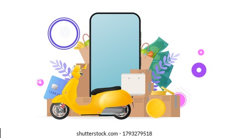Collage sobre el tema de la entrega. Motocicleta amarilla con cremallera de comida, teléfono, monedas de oro, cajas de cartón, bolsa de papel con comestibles. El concepto de pedidos online y entrega de comida y envío.