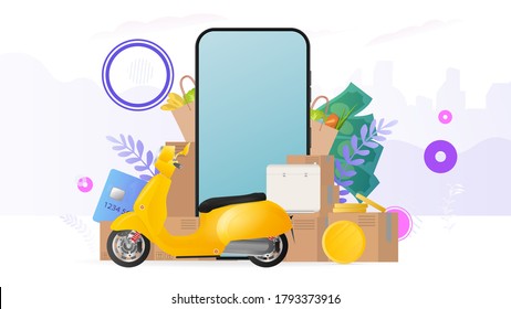 Collage on the theme of delivery. Yellow scooter with food rack, telephone, gold coins, cardboard boxes, paper bag with groceries. The concept of online ordering and delivery of food and shipping.