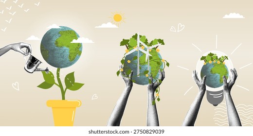 A collage on the theme of Green Energy and Sustainable Development featuring the Earth and wind turbines. A trendy halftone collage. Conceptualizing renewable energy, green technologies, and a sustainable future. Vector illustration