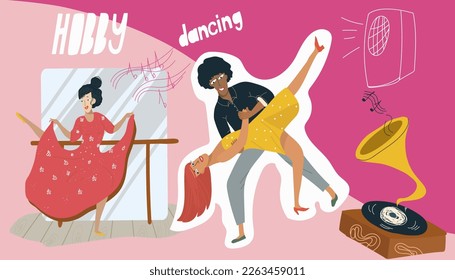 Collage on the theme of hobbies, free time, dancing, couples, zumba, chachacha, tango, gramophone, cartoon characters vector illustration.