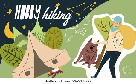 Collage on the theme of hobbies, free time, man, guy, man, woman on a hike with a dog, tent,owl, hedgehog in the forest, vector illustration.