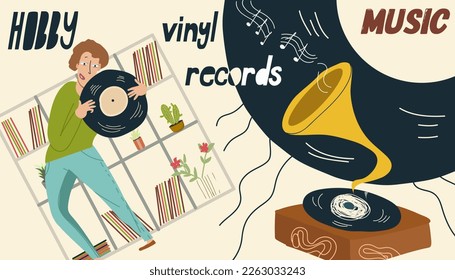Collage on the theme of hobbies, leisure time listening to vinyl records, gramophone, vector illustration of cartoon characters, music, music lover.