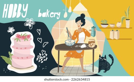 Collage on the theme of hobby, leisure, girl, woman cooks, bakes sweets, cakes in a home atmosphere, cartoon characters vector illustration. Relaxing enjoyable home activities, hobbies, for pleasure.