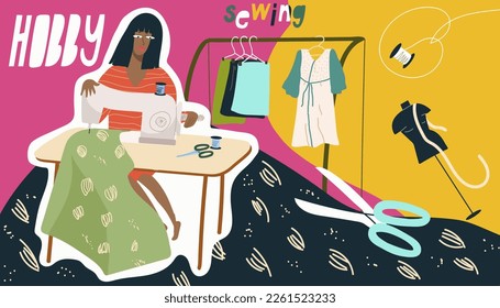 Collage on the theme of hobby sewing, girl, african american woman sews on a sewing machine, vector illustration of cartoon characters, sewing attributes, threads, scissors, mannequin, hanger.