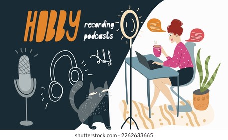 Collage on the theme of recording podcasts, girl, woman records a podcast at home, vector illustration of cartoon characters, hobby, leisure.