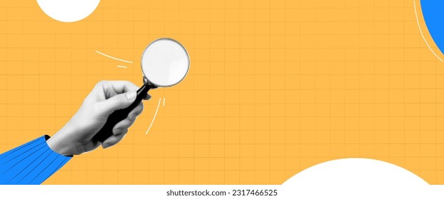 Collage on the theme of seo. Modern composition with a hand holding a magnifying glass.  Trendy shapes and grid. Hr. Vector yellow background.