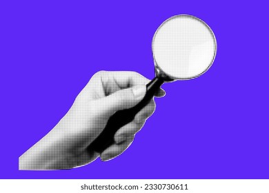 Collage on the theme of seo. Modern elements with a hand holding a magnifying glass. Trendy shapes. Vector purple background.