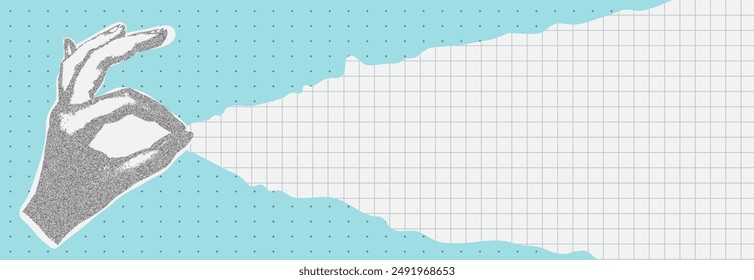 Collage on the theme of seo. Modern composition with a hand holding a magnifying glass. Search bar with a cursor. Attracting new users. Vector blue background.