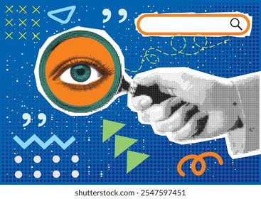 Collage on the theme of seo. Modern elements with a hand holding a magnifying glass. Trendy shapes. Vector blue background.