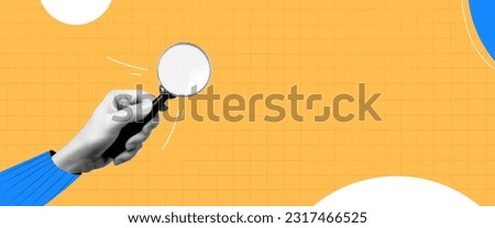 Collage on the theme of seo. Modern composition with a hand holding a magnifying glass.  Trendy shapes and grid. Hr. Vector yellow background.