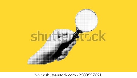 Collage on the theme of seo. Modern elements with a hand holding a magnifying glass. Trendy shapes. Vector yellow background.