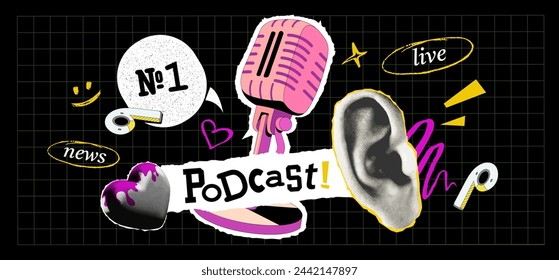 Collage on topic of podcast in trendy grunge style with flat illustration. Microphone, headphones and speech bubbles with text blocks  and drawn elements. Vector cover for news, talk show, interview.