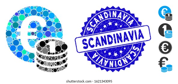 Collage one Euro coin stack icon and grunge stamp seal with Scandinavia caption. Mosaic vector is formed with one Euro coin stack icon and with randomized spheric items.