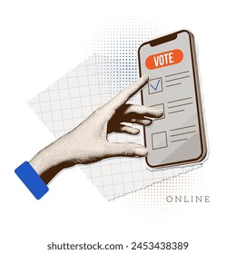 Collage for online election. Trendy vintage banner with halftone hand sticking out from phone and pushing voting button. Collage for US Election 2024 campaign. Vote day November 5. Vector illustration