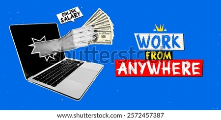 Collage of online work and money exchange with a laptop graphic illustrating financial independence from any location.