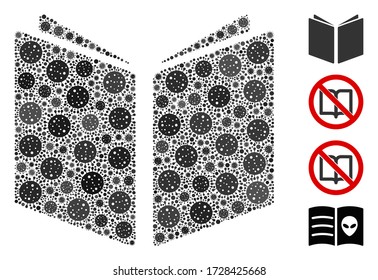 Collage offenes Buch bestehend aus Grippevirus Icons in verschiedenen Größen und Farbtönen. Vektor-Pathogen-Icons werden in abstrakte Mosaik-Symbol für offene Bücher zusammengefasst. Einige Bonussymbole werden hinzugefügt.