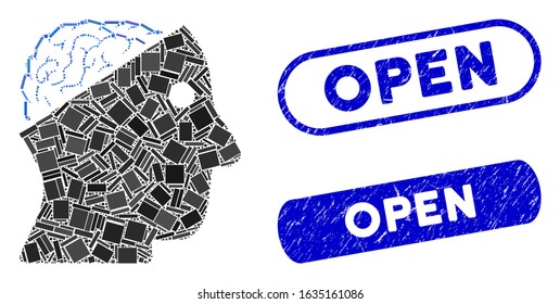 Collage open brain and distressed stamp seals with Open caption. Mosaic vector open brain is designed with scattered rectangle items. Open stamp seals use blue color, and have round rectangle shape.