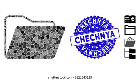 Collage open folder icon and corroded stamp seal with Chechnya phrase. Mosaic vector is composed with open folder icon and with randomized spheric spots. Chechnya stamp seal uses blue color,