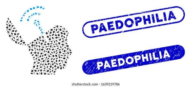 Collage open mind radio interface and grunge stamp seals with Paedophilia caption. Mosaic vector open mind radio interface is designed with scattered oval parts.