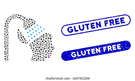 Collage open mind shower and corroded stamp seals with Gluten Free phrase. Mosaic vector open mind shower is composed with randomized ellipse spots. Gluten Free stamp seals use blue color,