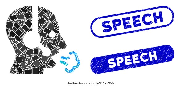 Collage operator speech and grunge stamp seals with Speech text. Mosaic vector operator speech is composed with randomized rectangle items. Speech seals use blue color, and have round rectangle shape.