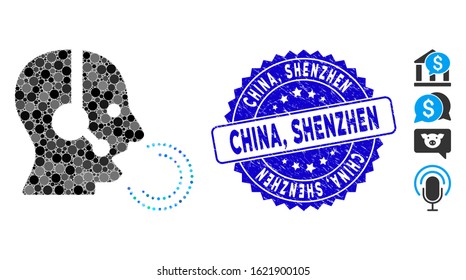 Collage operator speech icon and distressed stamp seal with China, Shenzhen text. Mosaic vector is designed with operator speech icon and with randomized spheric elements. China,